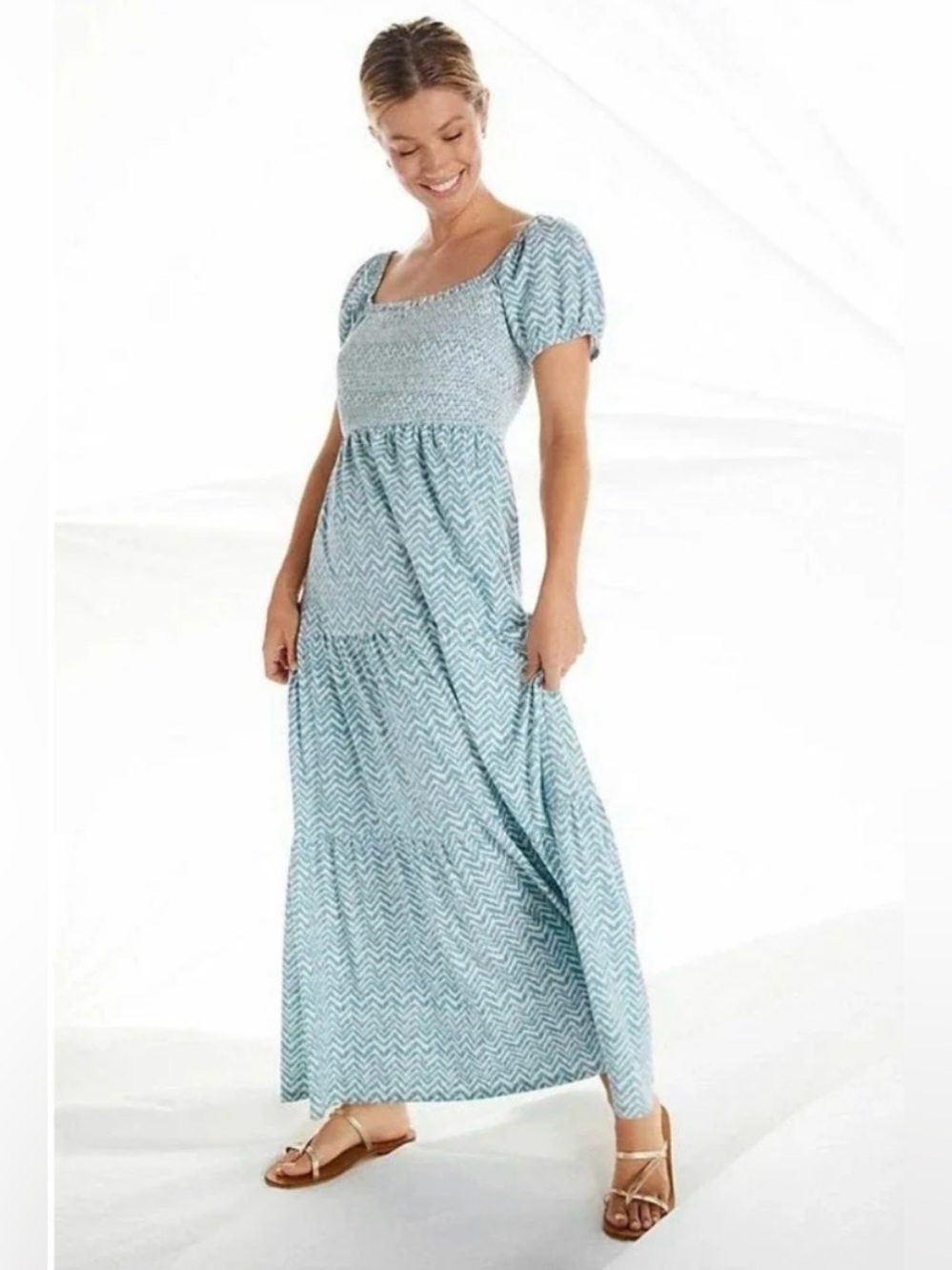 Anthropologie 100% Cotton Daily Practice Tiered Maxi Dress Blue Chevron Smocked